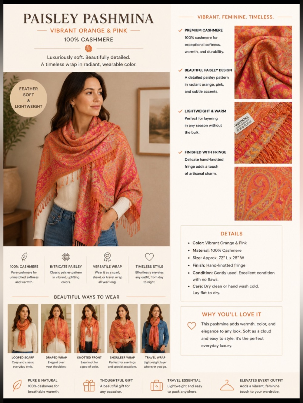 Paisley Pashmina Scarf in Vibrant Orange and Pink 100%cashmere